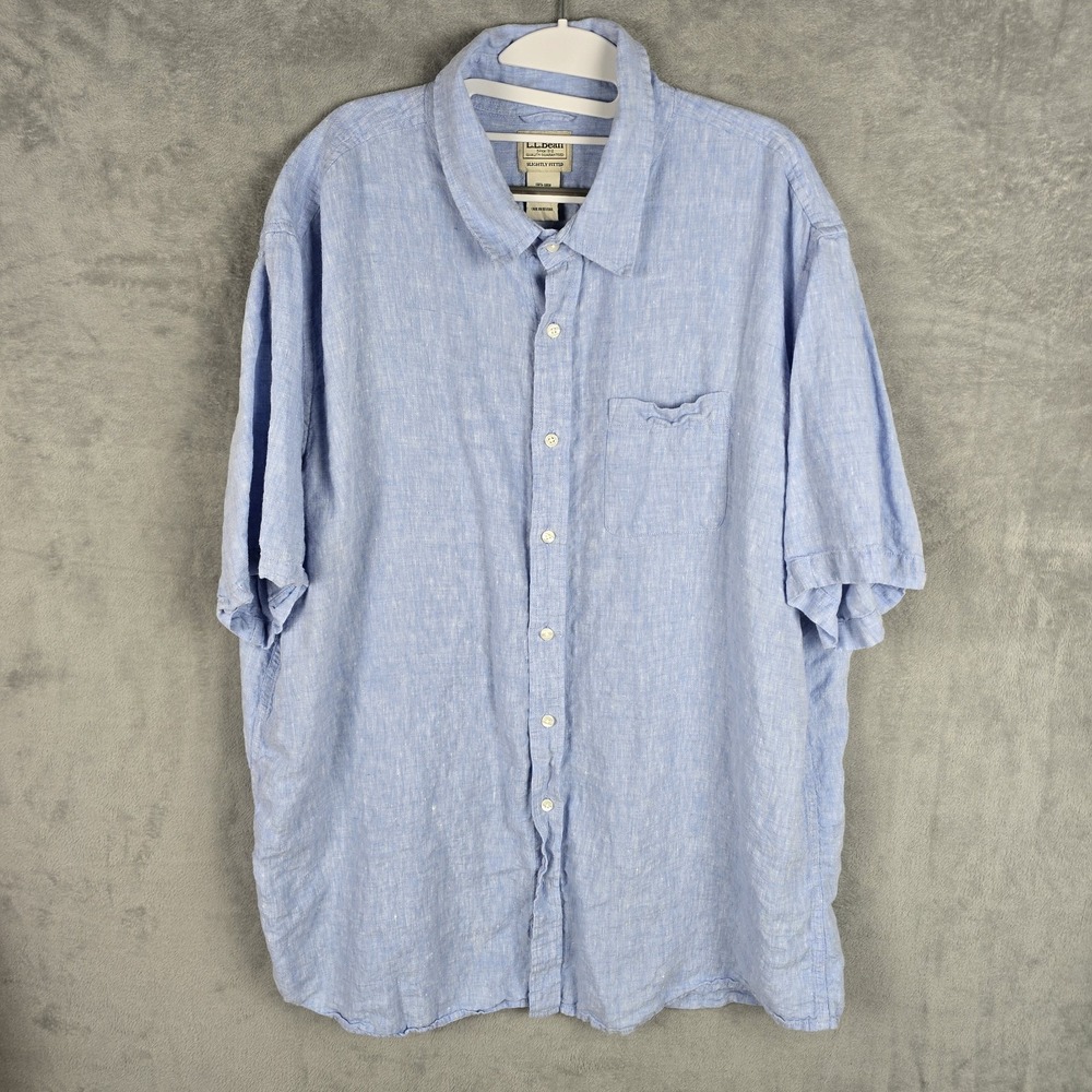 LL Bean Mens Size XXL Tall Light Blue 100% Linen Short Sleeve Button Down Shirt